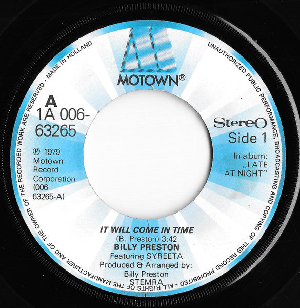 Billy Preston Featuring Syreeta - It Will Come In Time (7") - Discogs image 3