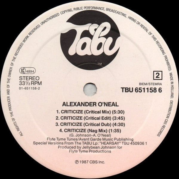 Alexander O'Neal - Criticize (Special 12" Mixes) (12") - Discogs image 4