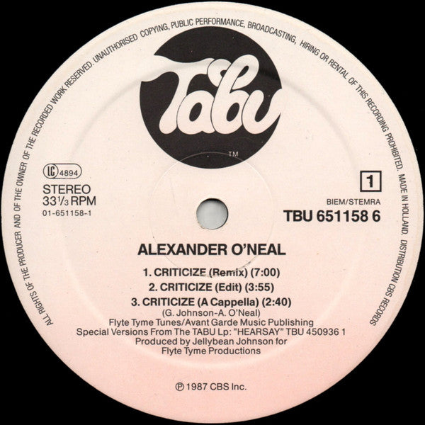 Alexander O'Neal - Criticize (Special 12" Mixes) (12") - Discogs image 3