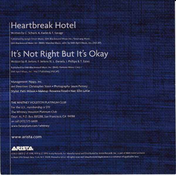 Whitney Houston - Heartbreak Hotel / It's Not Right But It's Okay (The Dance Mixes) (CD) - Discogs image 2
