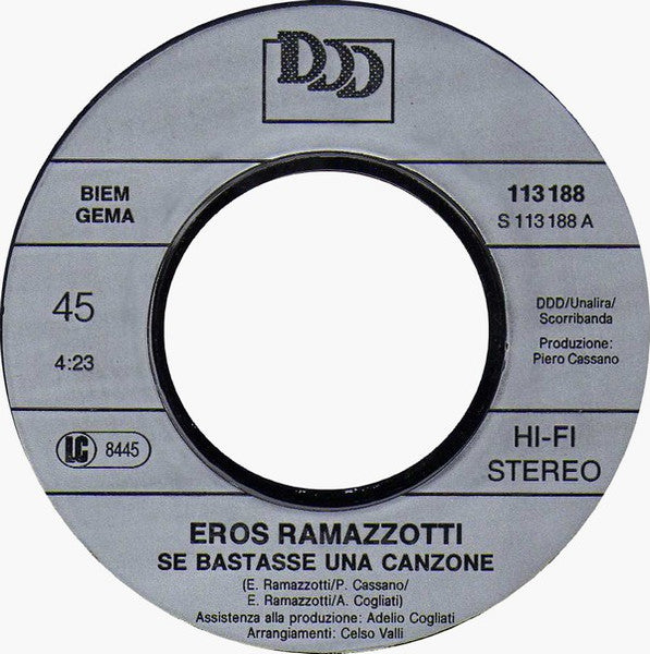 Eros Ramazzotti - Se Bastasse Una Canzone / Amore Contro (7") - Discogs image 3