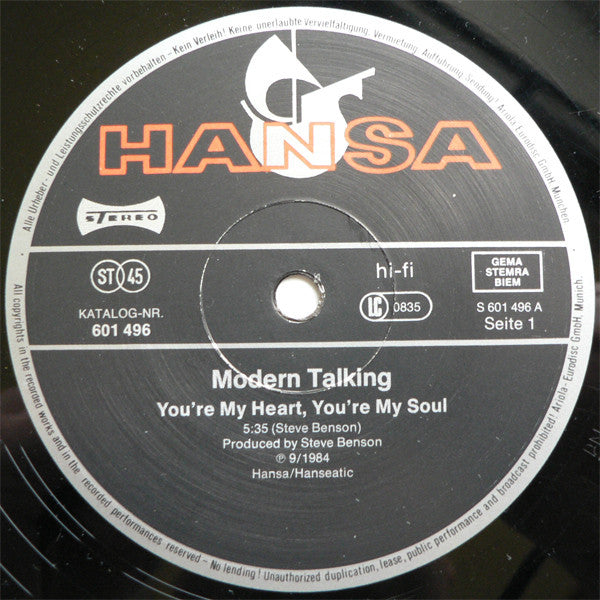 Modern Talking - You're My Heart, You're My Soul (12") - Discogs image 3