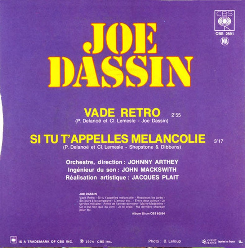 Joe Dassin - Vade Retro / Si Tu T'appelles Mélancolie (7") - Discogs image 2