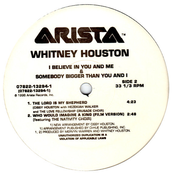 Whitney Houston - I Believe In You And Me & Somebody Bigger Than You And I (12") - Discogs image 3