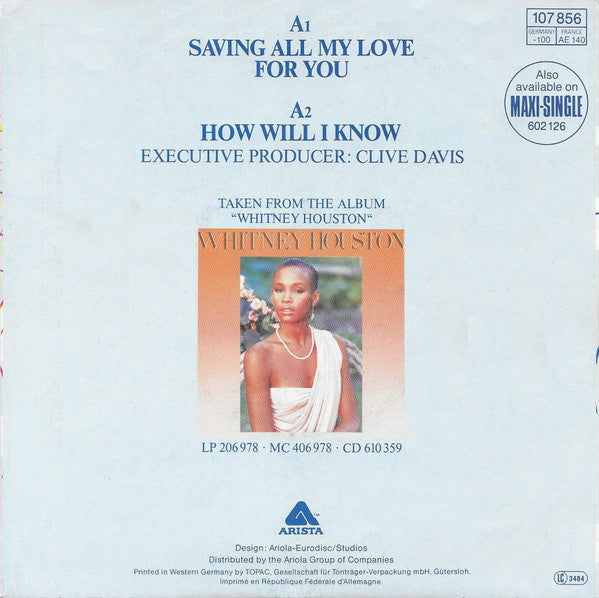 Whitney Houston - Saving All My Love For You / How Will I Know (7") - Discogs image 2