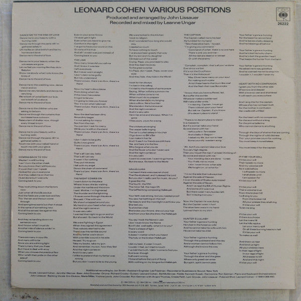 Leonard Cohen - Various Positions (LP) - Discogs image 2