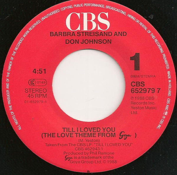 Barbra Streisand And Don Johnson - Till I Loved You (7") - Discogs image 3