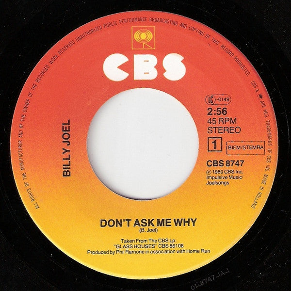 Billy Joel - Don't Ask Me Why (7") - Discogs image 4