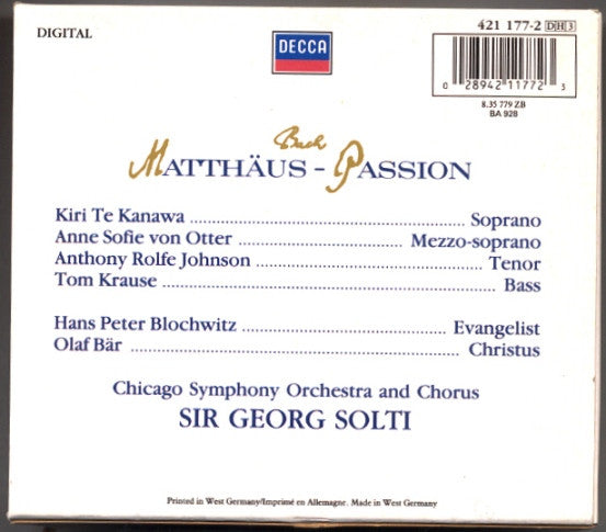 Johann Sebastian Bach, Kiri Te Kanawa, Anne Sofie Von Otter, Anthony Rolfe Johnson, Tom Krause, Hans Peter Blochwitz, Olaf Bär, Chicago Symphony Orchestra And Chicago Symphony Chorus, Georg Solti - Matthäus-Passion (3xCD) - Discogs image 2