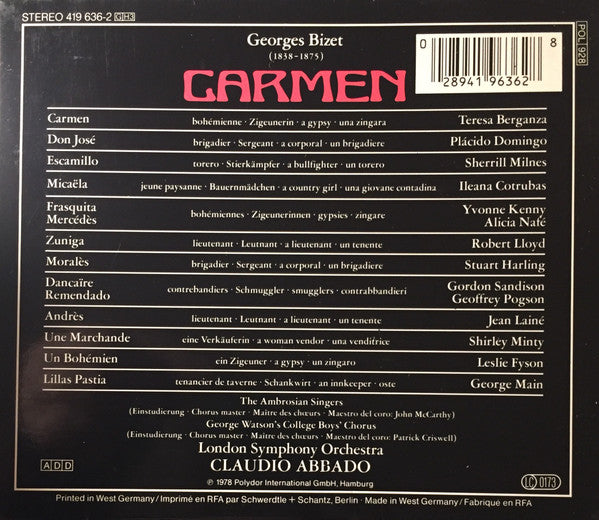 Georges Bizet - Teresa Berganza ∙ Placido Domingo ∙ Ileana Cotrubas ∙ Sherrill Milnes ∙ Ambrosian Singers, The ∙ London Symphony Orchestra ∙ Claudio Abbado - Carmen (3xCD) - Discogs image 2