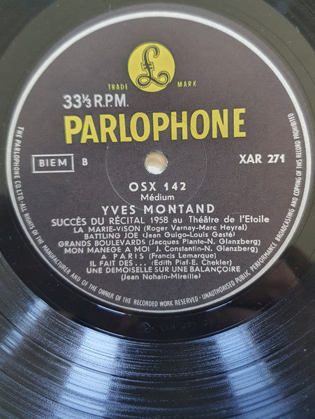 Yves Montand - Succès Du Récital 1958 (LP) - Discogs image 3