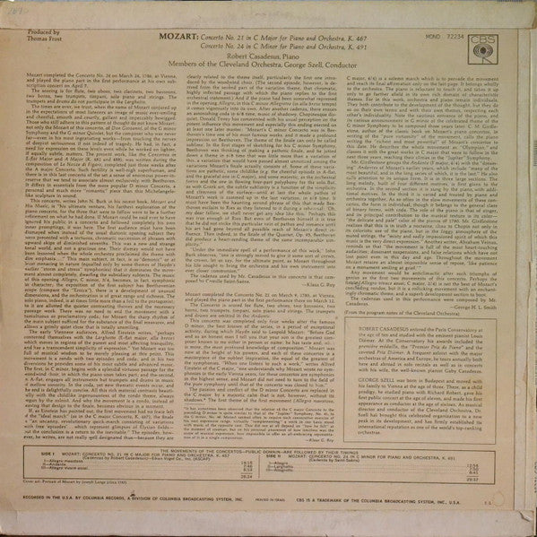 Wolfgang Amadeus Mozart, George Szell, Robert Casadesus, Cleveland Orchestra, The - Piano Concertos No. 21 / No. 24 (LP) - Discogs image 2