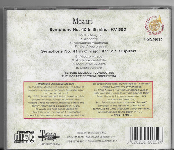 Wolfgang Amadeus Mozart - Richard Edlinger Conducting Mozart Festival Orchestra (2) - Symphonies No. 40 And 41 (CD) - Discogs image 2