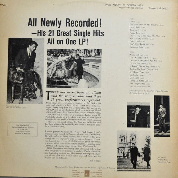 Paul Anka - Paul Anka's 21 Golden Hits (LP) - Discogs image 2