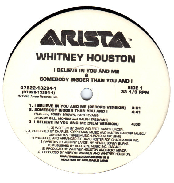 Whitney Houston - I Believe In You And Me & Somebody Bigger Than You And I (12") - Discogs image 2