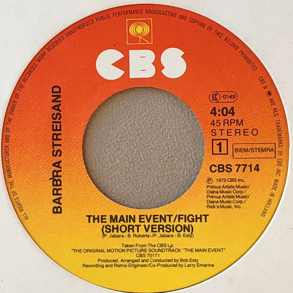 Barbra Streisand - The Main Event / Fight (7") - Discogs image 3
