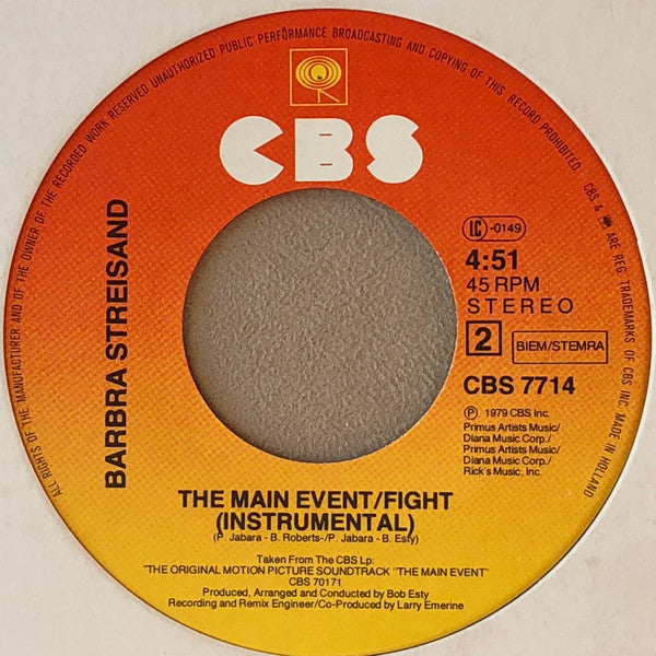 Barbra Streisand - The Main Event / Fight (7") - Discogs image 4