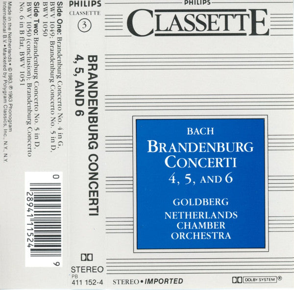 Johann Sebastian Bach, Netherlands Chamber Orchestra - Brandenburg Concerti 4, 5, and 6 (Cassette)