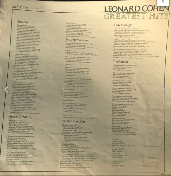 Leonard Cohen - Greatest Hits (LP) - Discogs image 4