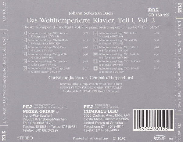 Johann Sebastian Bach, Christiane Jaccottet - Das Wohltemperierte Klavier, Teil I, Vol. 2 (CD) - Discogs image 5