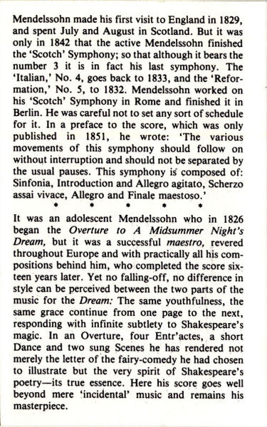 Felix Mendelssohn-Bartholdy : Südwestfunkorchester Baden-Baden, Wiener Volksopernorchester Conductor Edouard Van Remoortel - 'Scotch' Symphony No. 3 In A Minor, Op. 56 / A Midsummer Night's Dream, Overture, Op. 21 (Cassette) - Discogs image 5