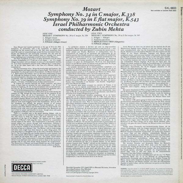 Wolfgang Amadeus Mozart, Israel Philharmonic Orchestra, Zubin Mehta - Symphonies 34 & 39 (LP) - Discogs image 2
