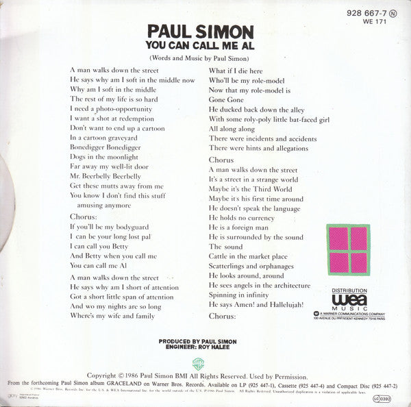 Paul Simon - You Can Call Me Al (7") - Discogs image 2