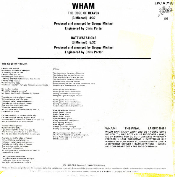 Wham! - The Edge Of Heaven (7") - Discogs image 2