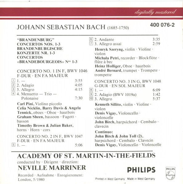 Johann Sebastian Bach – Henryk Szeryng, Heinz Holliger, Carl Pini, Michala Petri, André Bernard, Academy Of St. Martin-in-the-Fields, The, Sir Neville Marriner - The Brandenburg Concertos Nos. 1, 2 & 3 = Die Brandenburgischen Konzerte = Les Concertos Bran - Discogs image 5