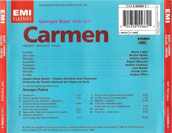 Georges Bizet / Maria Callas, Nicolai Gedda, Andréa Guiot, Robert Massard, Les Chœurs René Duclos, Orchestre National De L'Opéra De Paris, Georges Prêtre - Carmen (Highlights) (CD) - Discogs image 3