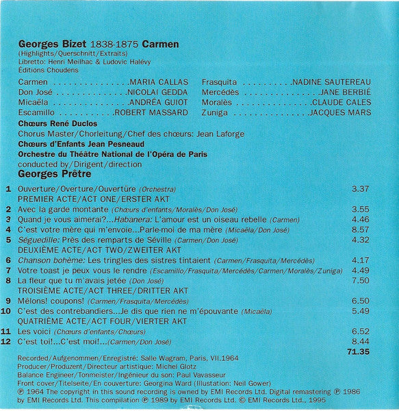 Georges Bizet / Maria Callas, Nicolai Gedda, Andréa Guiot, Robert Massard, Les Chœurs René Duclos, Orchestre National De L'Opéra De Paris, Georges Prêtre - Carmen (Highlights) (CD) - Discogs image 2