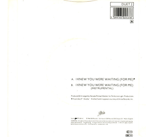 Aretha Franklin & George Michael - I Knew You Were Waiting (For Me) (7") - Discogs image 2