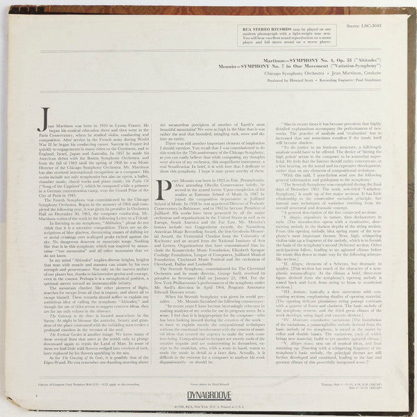 Jean Martinon / Peter Mennin, Jean Martinon, Chicago Symphony Orchestra - First Recordings - Symphony No. 4 ("Altitudes") / Symphony No. 7 ("Variation-Symphony") (LP) - Discogs image 2