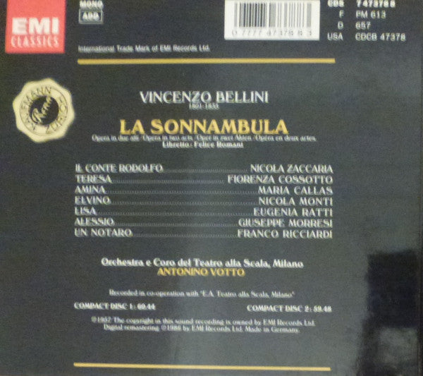 Vincenzo Bellini - Maria Callas, Nicola Monti, Nicola Zaccaria, Eugenia Ratti, Fiorenza Cossotto, Orchestra Del Teatro Alla Scala E Orchestra Del Teatro Alla Scala, Antonino Votto - La Sonnambula (2xCD) - Discogs image 2