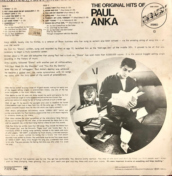 Paul Anka - The Original Hits Of Paul Anka (LP) - Discogs image 2