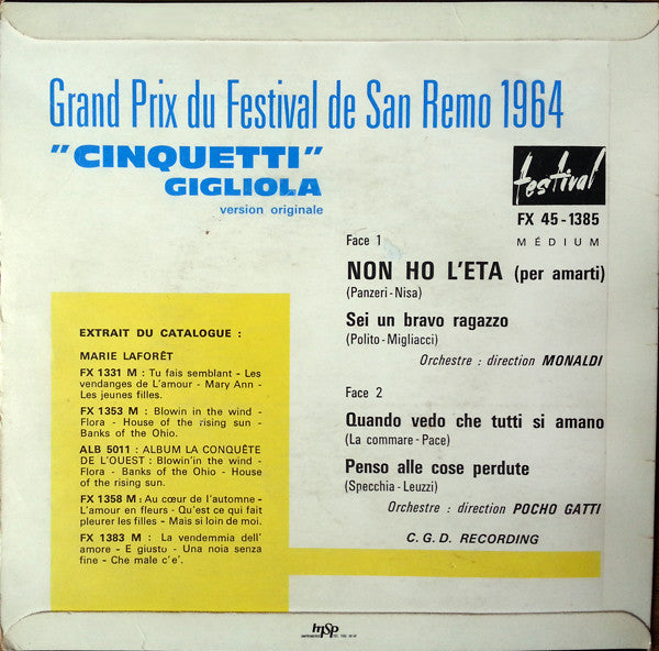 Gigliola Cinquetti - Non Ho L'Eta (Version Originale) (7") - Discogs image 2