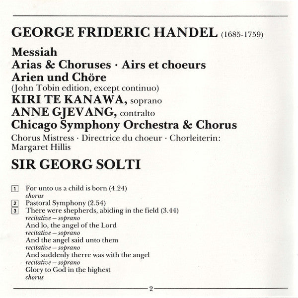 Georg Friedrich Händel, Kiri Te Kanawa, Anne Gjevang, Chicago Symphony Orchestra & Chicago Symphony Chorus, Georg Solti - Messiah Arias & Choruses (CD) - Discogs image 5