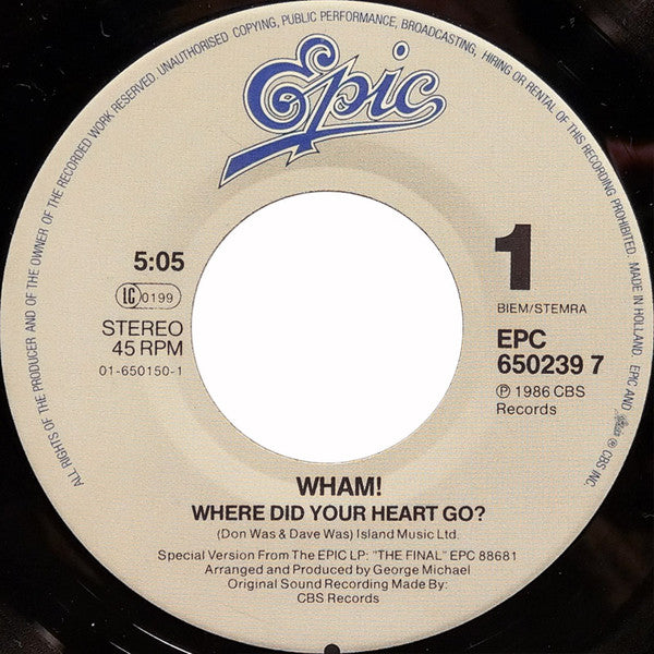 Wham! - Where Did Your Heart Go? (7") - Discogs image 3