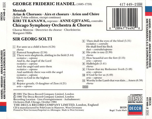 Georg Friedrich Händel, Kiri Te Kanawa, Anne Gjevang, Chicago Symphony Orchestra & Chicago Symphony Chorus, Georg Solti - Messiah Arias & Choruses (CD) - Discogs image 2