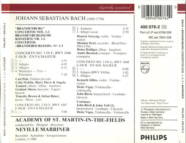 Johann Sebastian Bach – Henryk Szeryng, Heinz Holliger, Carl Pini, Michala Petri, André Bernard, Academy Of St. Martin-in-the-Fields, The, Sir Neville Marriner - The Brandenburg Concertos Nos. 1, 2 & 3 = Die Brandenburgischen Konzerte = Les Concertos Bran - Discogs image 2