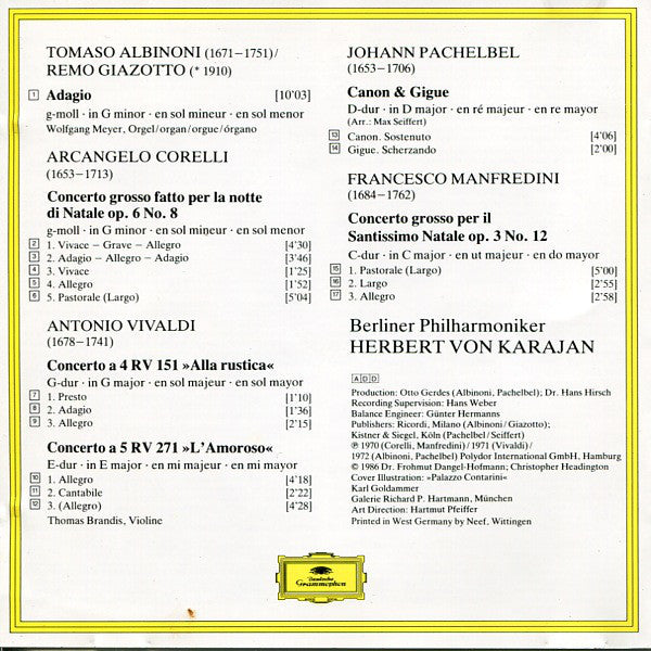 Tomaso Albinoni / Johann Pachelbel / Arcangelo Corelli & Francesco Manfredini / Antonio Vivaldi – Berliner Philharmoniker, Herbert von Karajan - Adagio / Canon & Gigue / Concerti Grossi / Concerti “Alla Rustica” & “L'Amoroso” (CD) - Discogs image 2