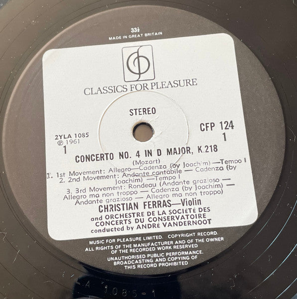 Wolfgang Amadeus Mozart / Christian Ferras, Orchestre De La Société Des Concerts Du Conservatoire Conducted By André Vandernoot - Violin Concertos No.4 In D, No.5 In A, The Turkish (LP) - Discogs image 2