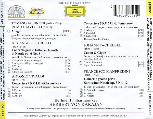 Tomaso Albinoni / Johann Pachelbel / Arcangelo Corelli & Francesco Manfredini / Antonio Vivaldi – Berliner Philharmoniker, Herbert von Karajan - Adagio / Canon & Gigue / Concerti Grossi / Concerti “Alla Rustica” & “L'Amoroso” (CD) - Discogs image 3