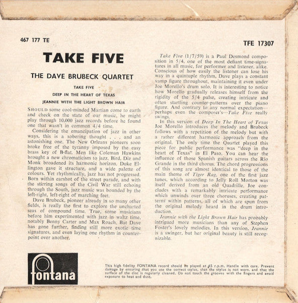 Dave Brubeck Quartet, The - Take Five (7") - Discogs image 2