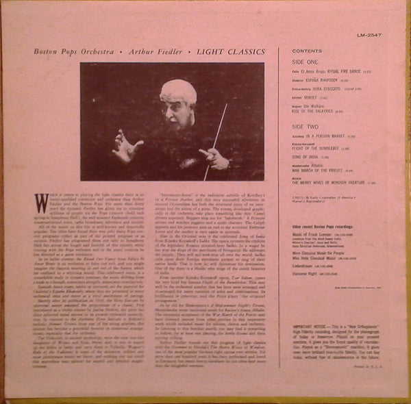 Boston Pops Orchestra / Arthur Fiedler - Light Classics (LP) - Discogs image 2