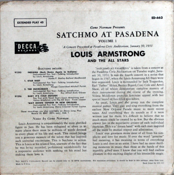Louis Armstrong And His All-Stars - Satchmo At Pasadena (Vol. 1) (2x7") - Discogs image 2