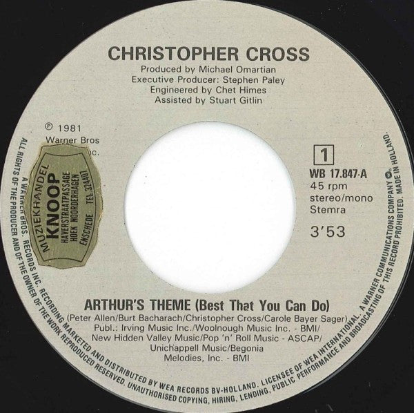 Christopher Cross - Arthur's Theme (Best That You Can Do) (7") - Discogs image 3