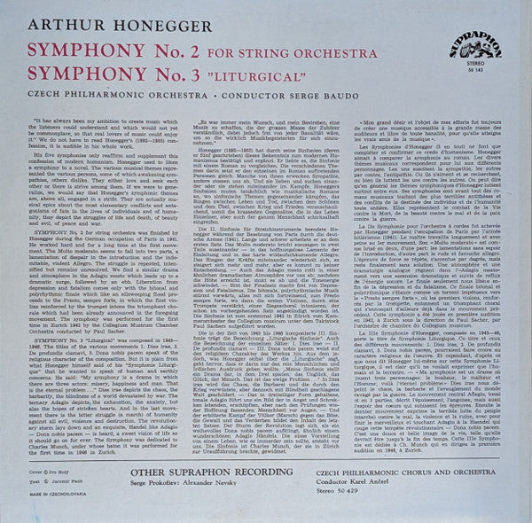 Arthur Honegger - Czech Philharmonic Orchestra, The, Serge Baudo - Symphonies No. 2 And No. 3 (LP) - Discogs image 2
