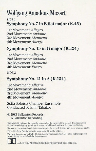 Wolfgang Amadeus Mozart, Sofia Soloists Chamber Orchestra, Emil Tabakov - Symphonies Nos. 7, 15 & 21 (Cassette) - Discogs image 2