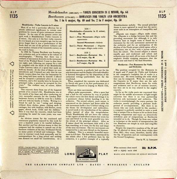 Yehudi Menuhin - Felix Mendelssohn-Bartholdy - Ludwig van Beethoven - Berliner Philharmoniker - Philharmonia Orchestra - Wilhelm Furtwängler - Concerto In E Minor / Romances 1&2 (LP) - Discogs image 2